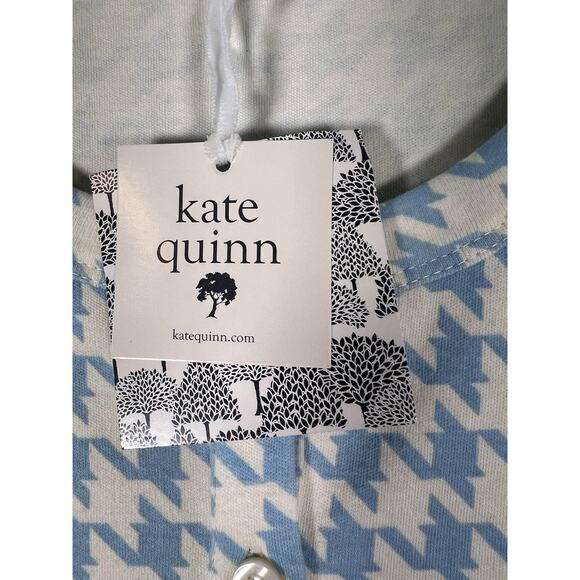Kate Quinn Blue White Houndstooth Button Short Sleeve Top Size Small NWT - Picture 7 of 8